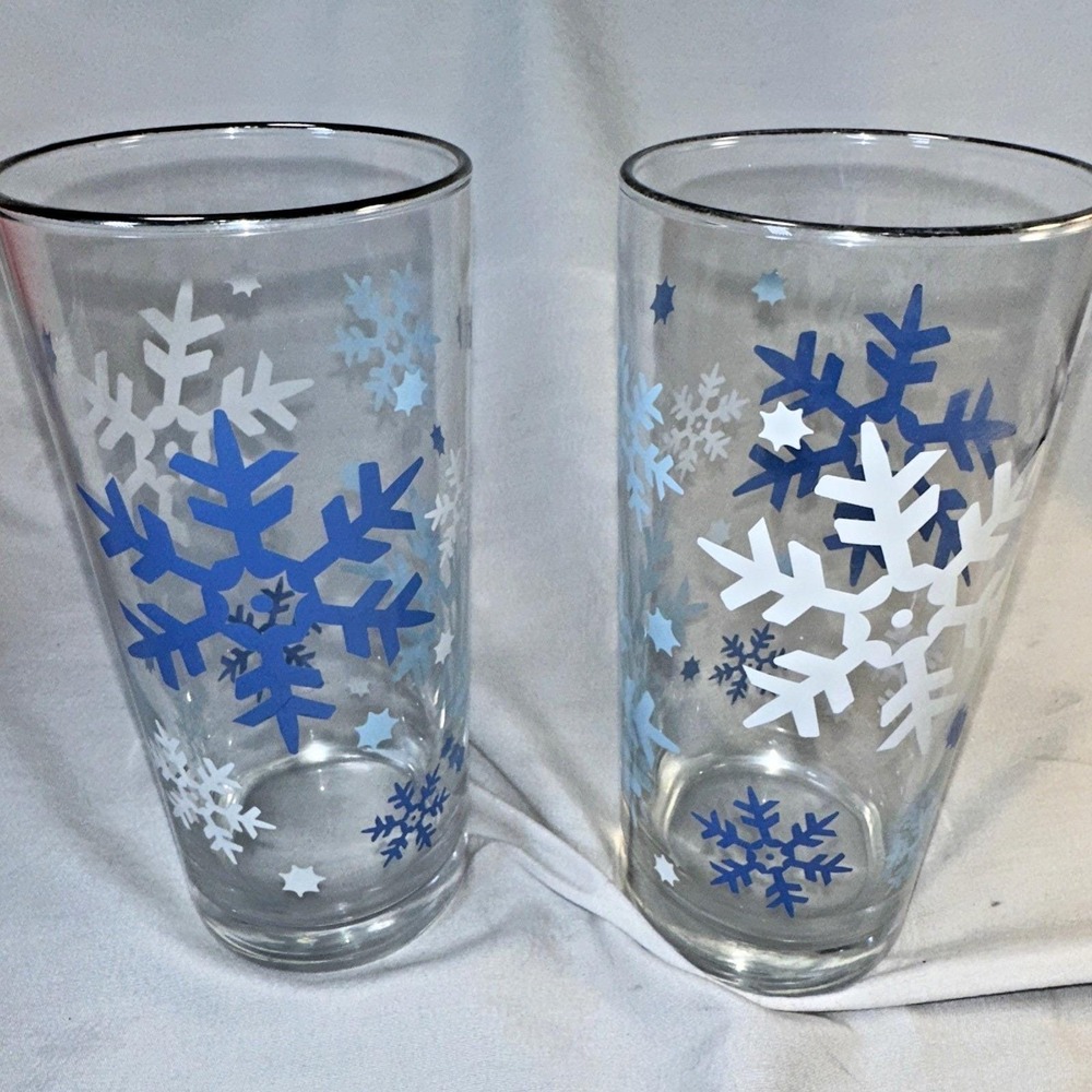Libbey Glass Co. Silver Rim Blue/White Snowflake Tumbler, 16oz, Set 2 EUC Superb